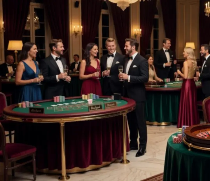 Cinematiczna scena luksusowego wieczoru casino night z pokerem, ruletką i eleganckimi gośćmi