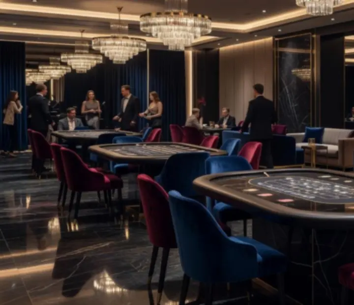 Designerska strefa kasynowa z czarnym marmurem, aksamitem i eleganckim oświetleniem