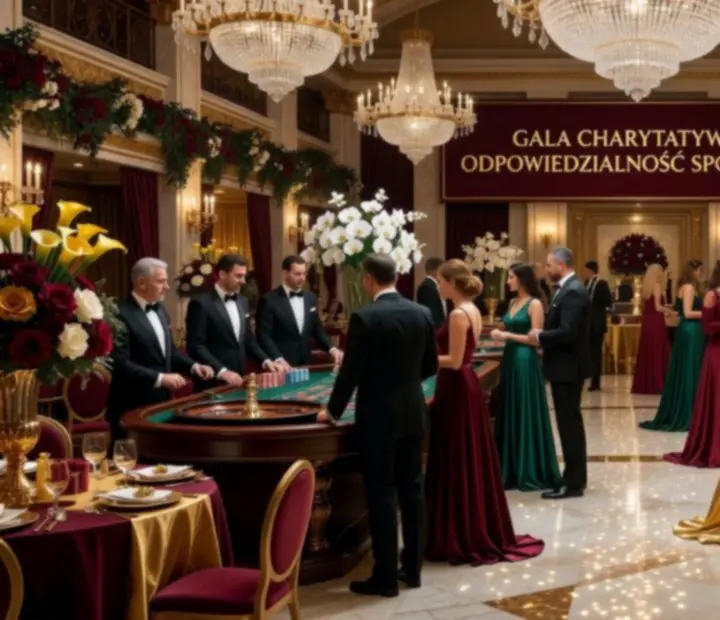 Elegancka gala charytatywna z ruletką, stołami pokerowymi i kryształowymi żyrandolami.