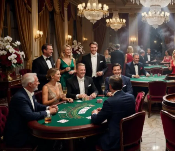 Ekskluzywny wieczór kasynowy z eleganckimi stołami do pokera, ruletki i blackjacka
