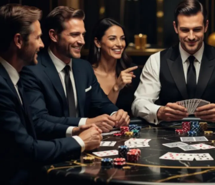 Interaktywny wieczór pokerowy z gośćmi przy personalizowanym stole i uśmiechniętym krupierem