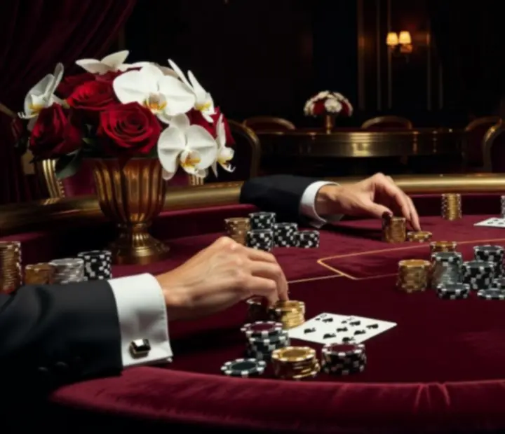 Cinematiczny stół do pokera podczas eleganckiego wieczoru kasynowego