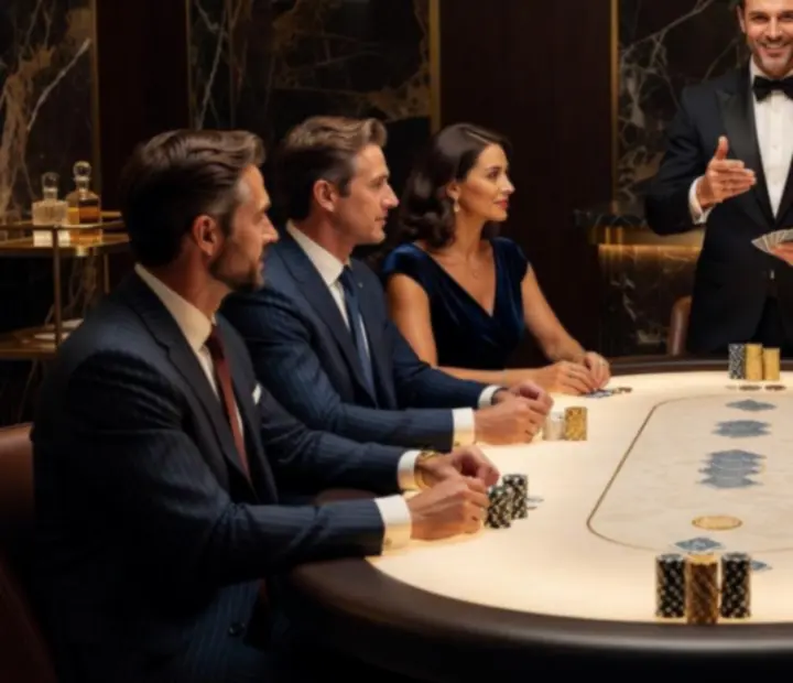 Wieczór Pokerowy VIP z eleganckimi stołami pokerowymi i gośćmi w stylu high stakes
